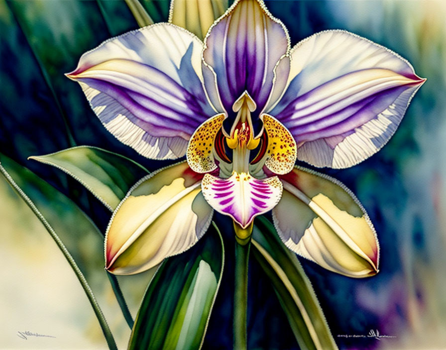 Colorful Orchid with Purple, White, and Yellow Petals on Pink and White Center against Green