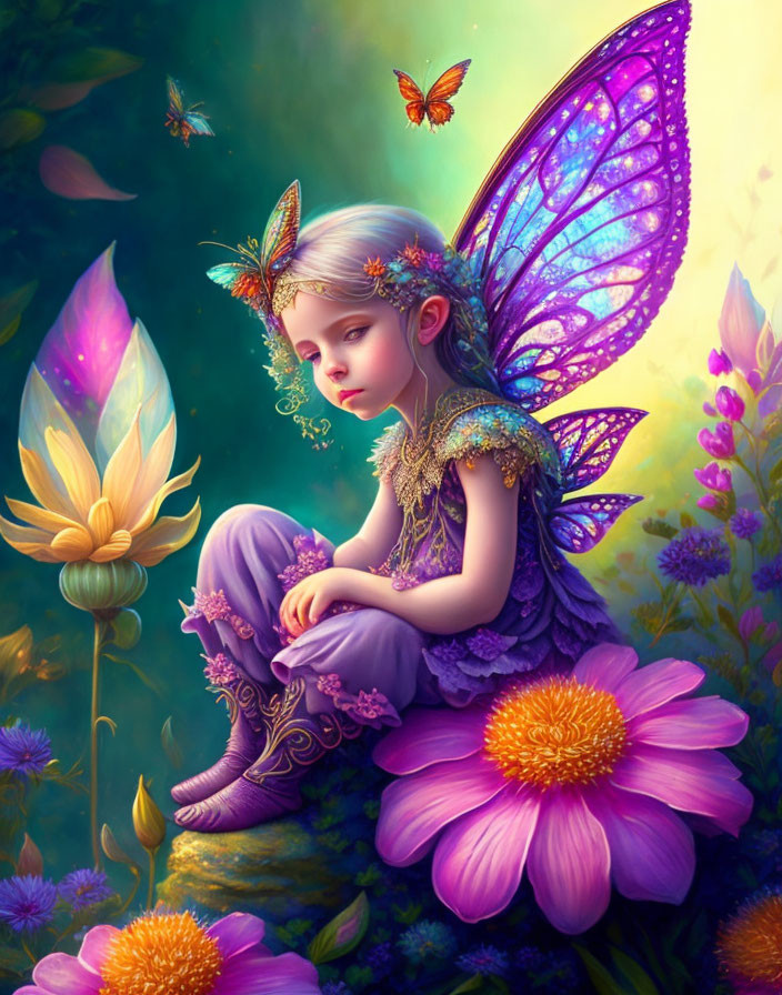 Illustration of pensive fairy with iridescent wings in floral setting