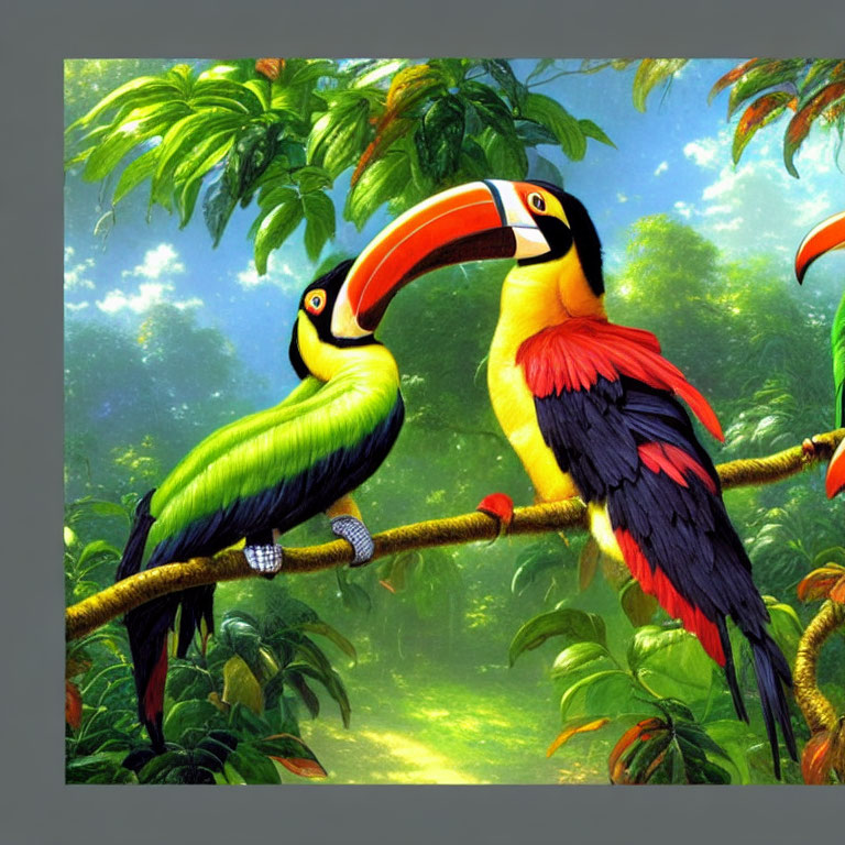 Vibrant jungle scene with colorful toucans perched on branch