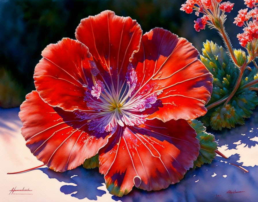 Red flower with white patterns, green foliage, and soft light