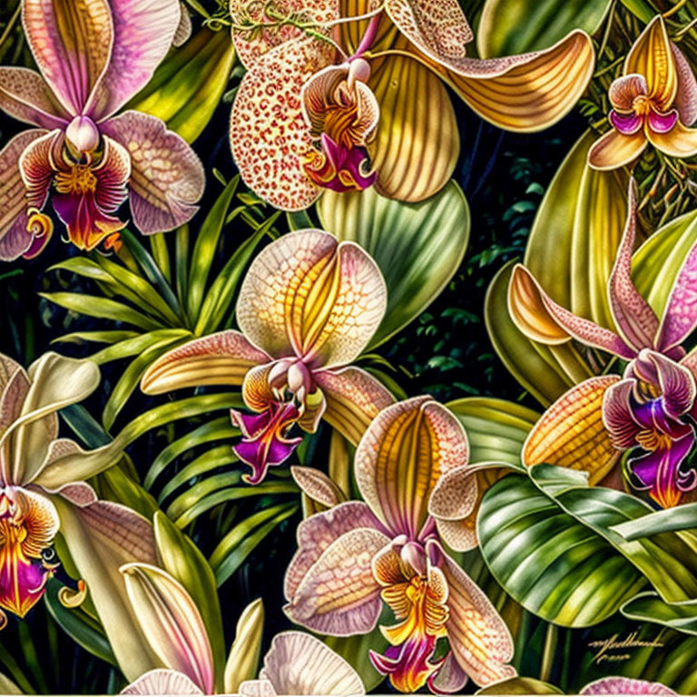 Colorful Orchids Painting Among Lush Green Foliage