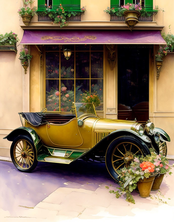 Yellow Vintage Car Parked by Quaint Purple-Trimmed Building