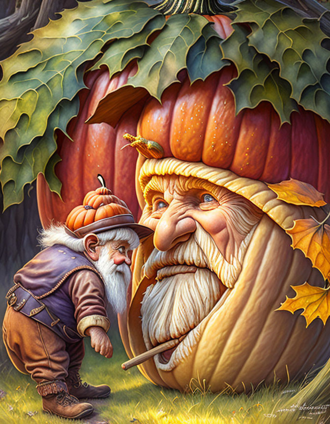 Whimsical pumpkin and leaf gnome characters illustration