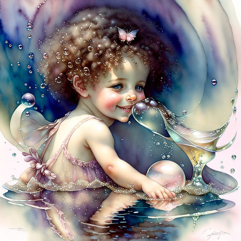 Smiling child with curly hair in purple outfit surrounded by bubbles