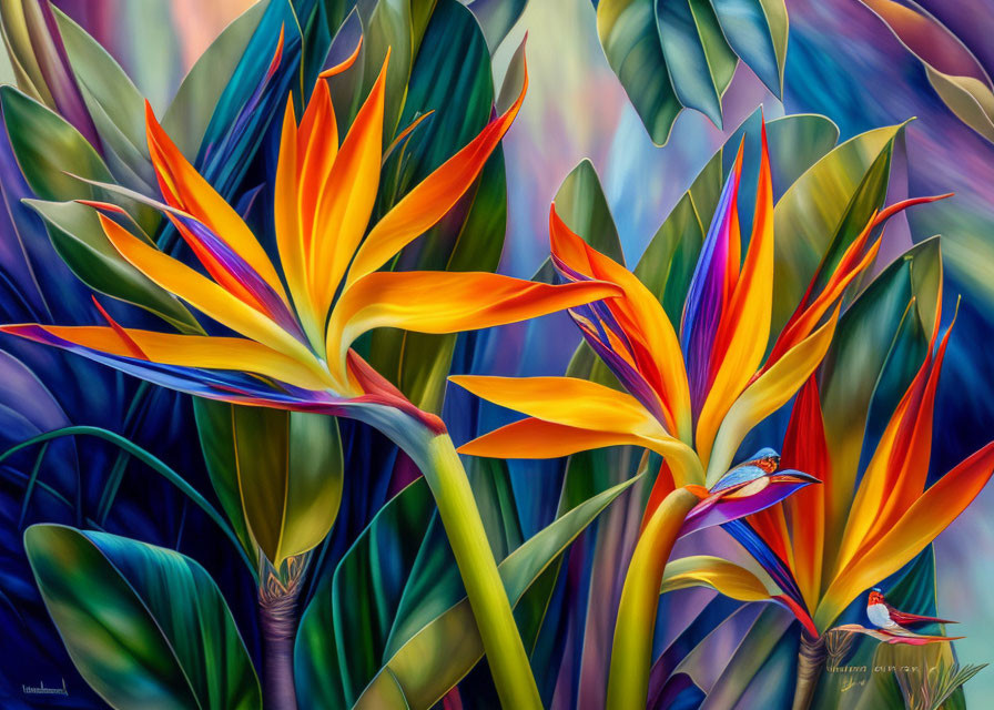 Colorful Bird of Paradise Flowers Painting with Abstract Background