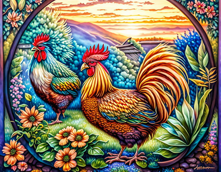 Colorful painting of rooster and hen in garden with flowers and mountains at sunset