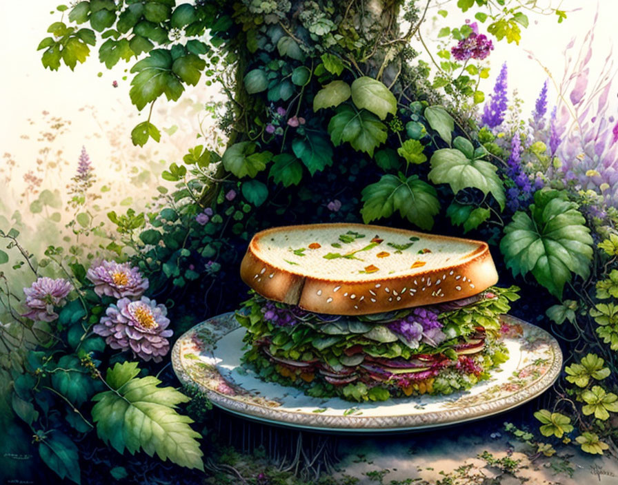 Floral Plate with Large Sandwich in Lush Garden