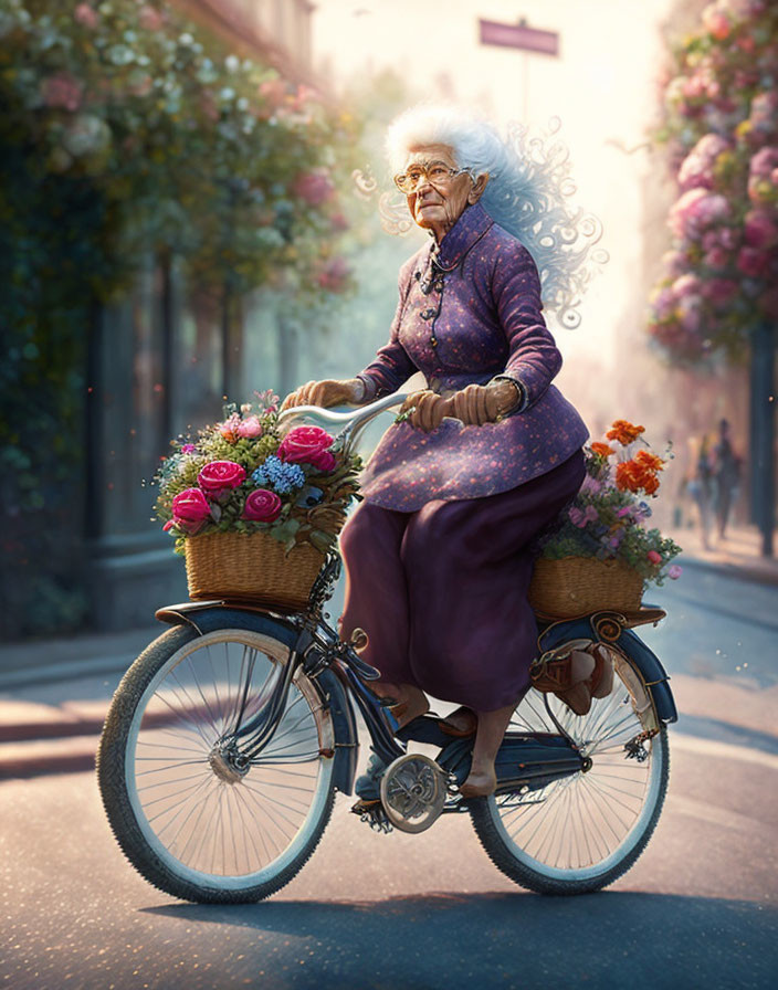 Elderly lady with grey hair rides flower-adorned bicycle on sunny street