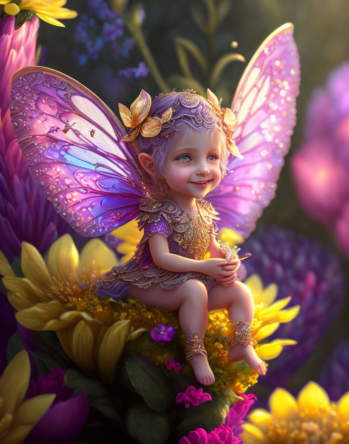 Smiling fairy child with purple wings in golden outfit on vibrant flowers