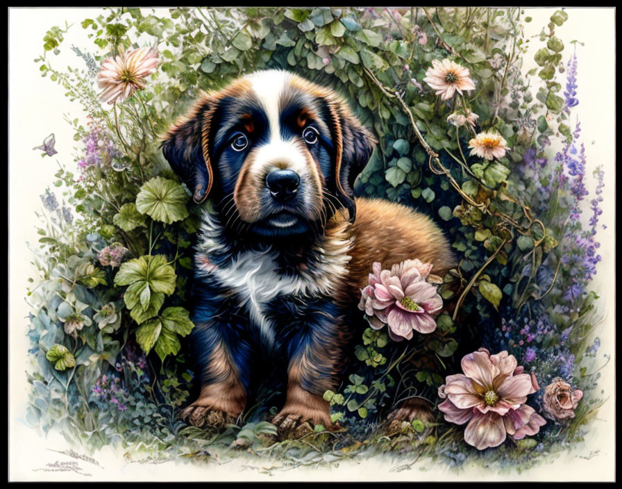 Bernese Mountain Dog Puppy Among Greenery and Pink Flowers