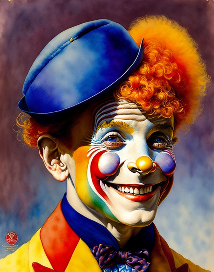 Colorful Smiling Clown Portrait with Blue Hat and Orange Hair