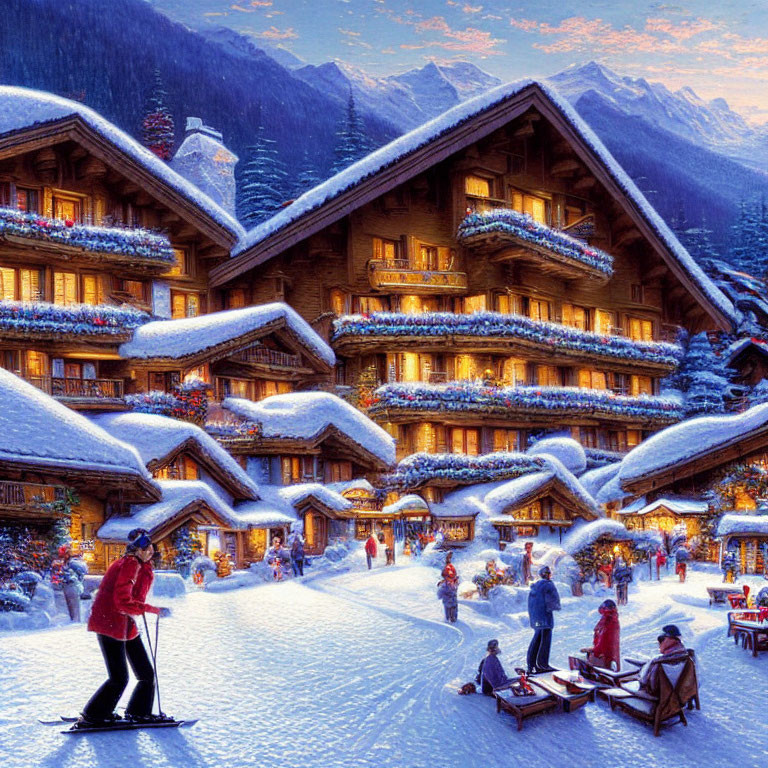 Snow-covered chalets, skiing, and sled rides in a vibrant winter mountain village