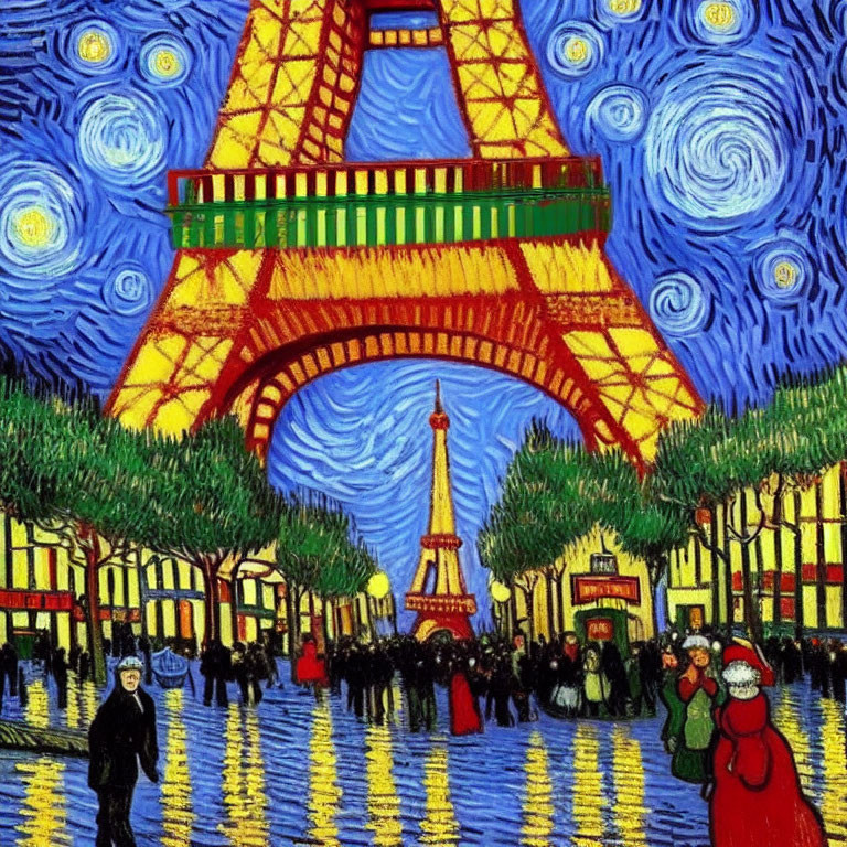 Starry night painting of Eiffel Tower with people walking, post-impressionist style