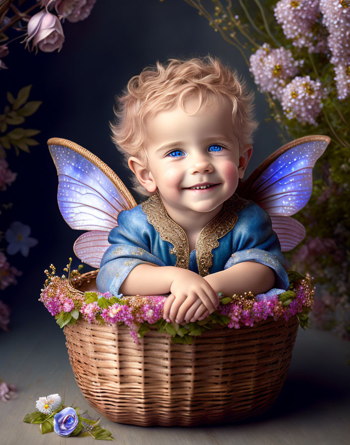 Digital artwork of smiling baby fairy in basket with blue eyes and curly hair