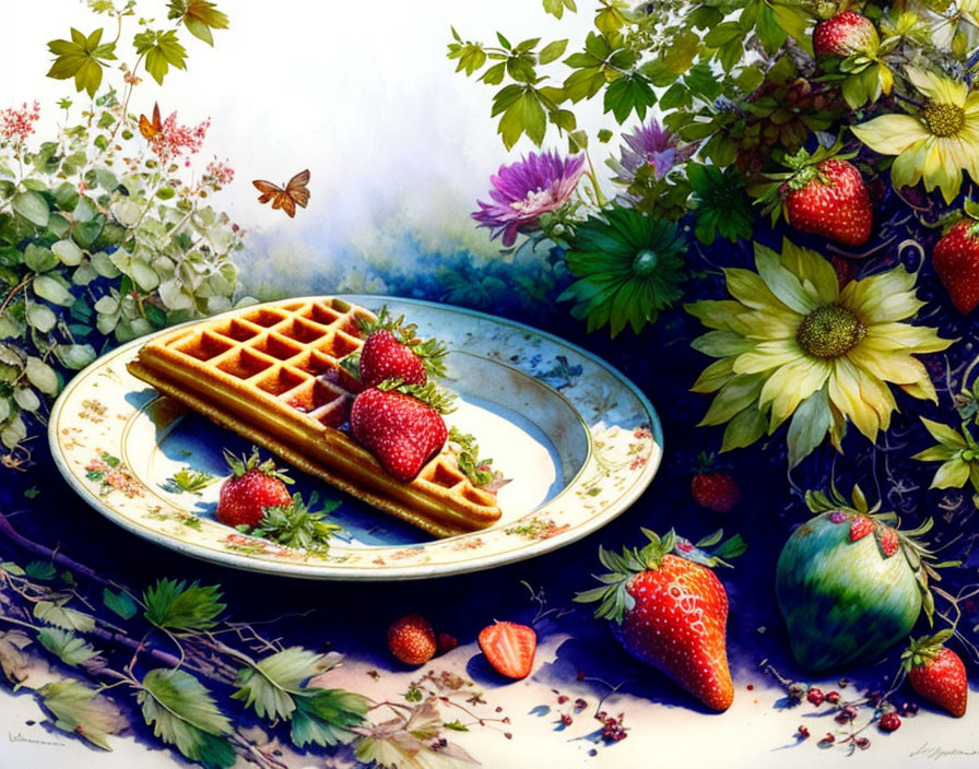 Waffles and strawberries on a floral plate with butterfly and berries