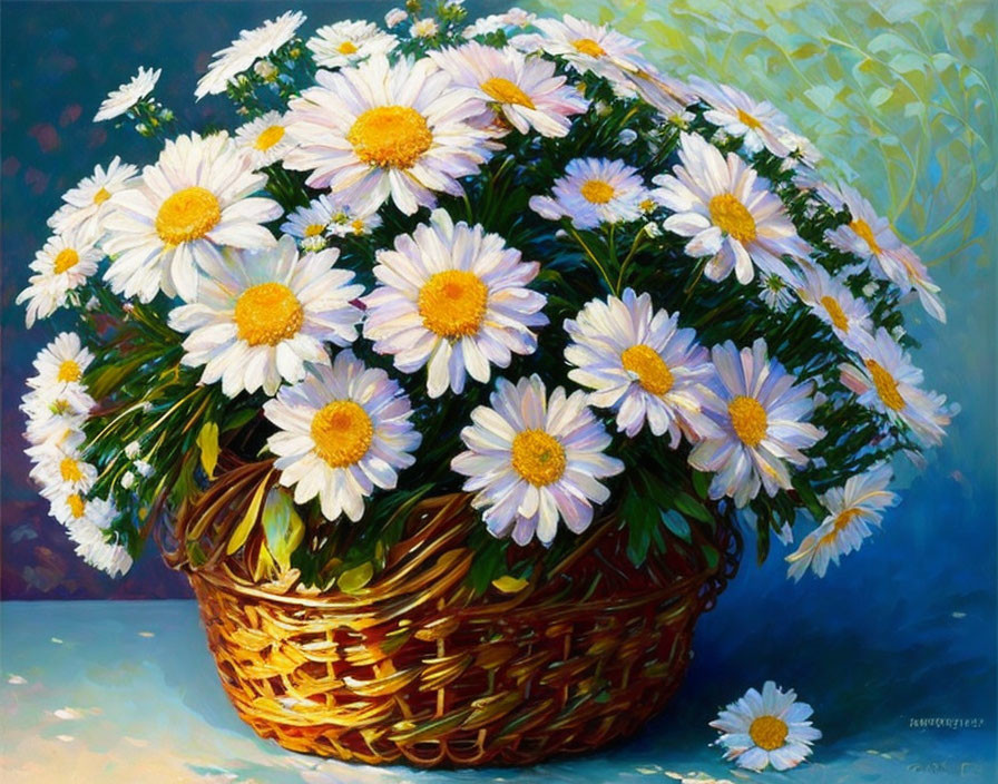 Colorful painting of a basket with white daisies on textured backdrop