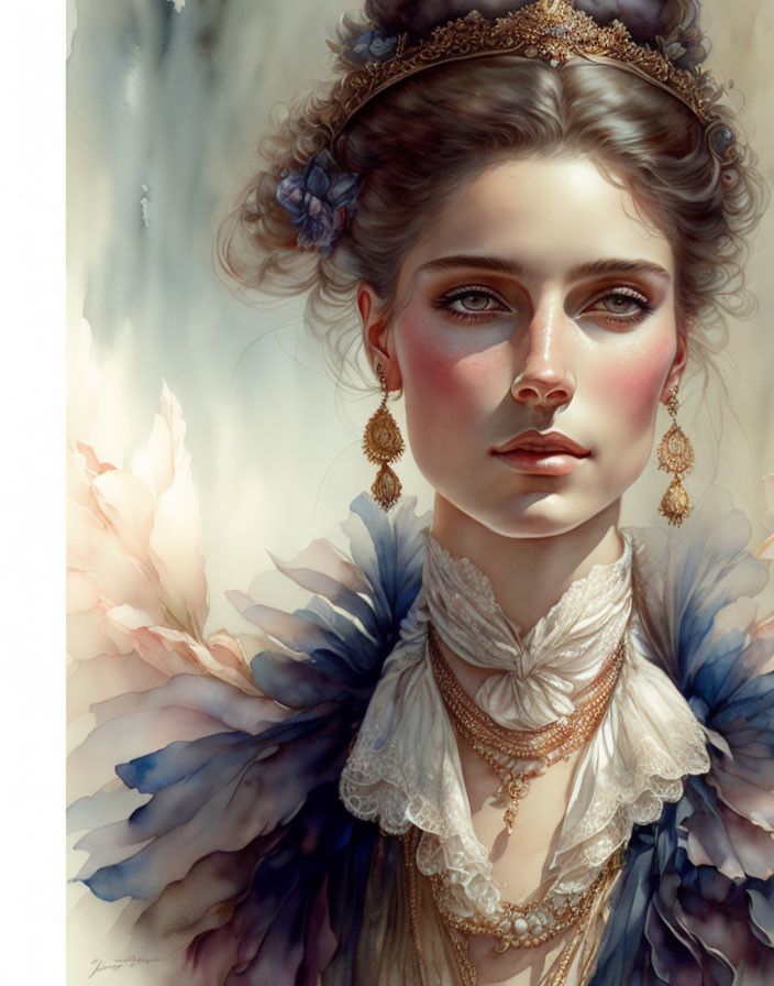 Elegant woman illustration with gold jewelry and feather details