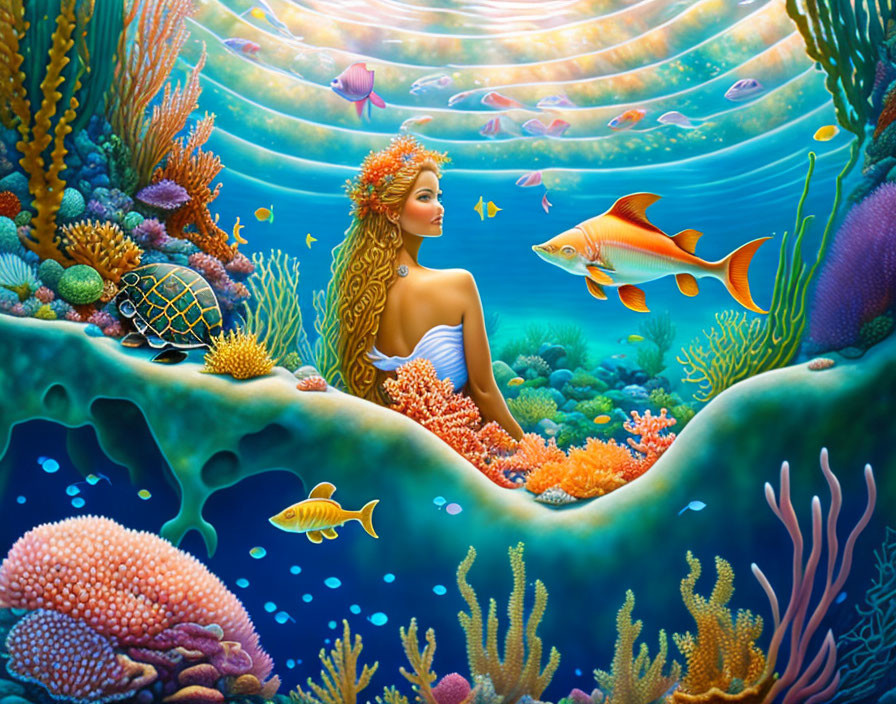 Colorful Underwater Scene with Mermaid, Fish, Turtle, and Coral Reefs