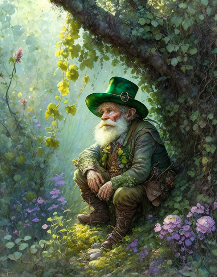 Elderly leprechaun in green outfit among forest foliage