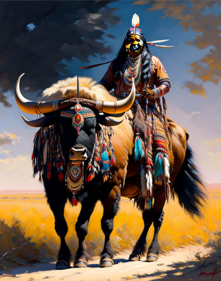 Native American person and buffalo in ornate attire on sunlit grassland