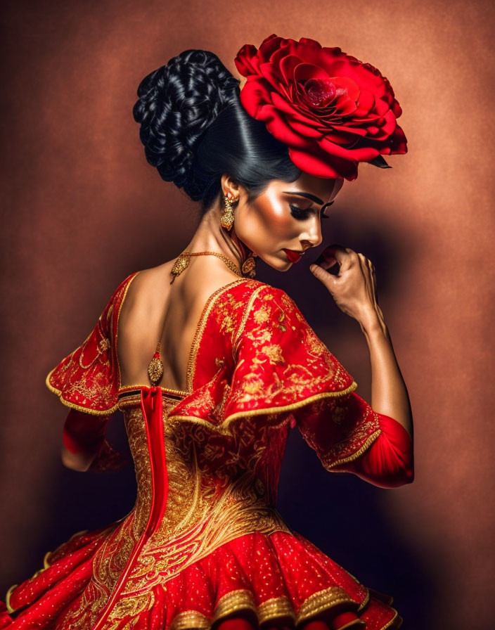 Woman with Red Flower in Hair Poses in Vibrant Red Dress