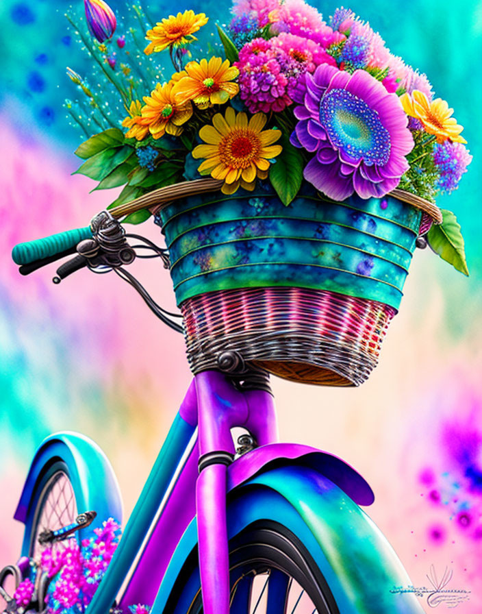 Colorful Digital Artwork: Purple Bicycle with Flower Basket on Psychedelic Background