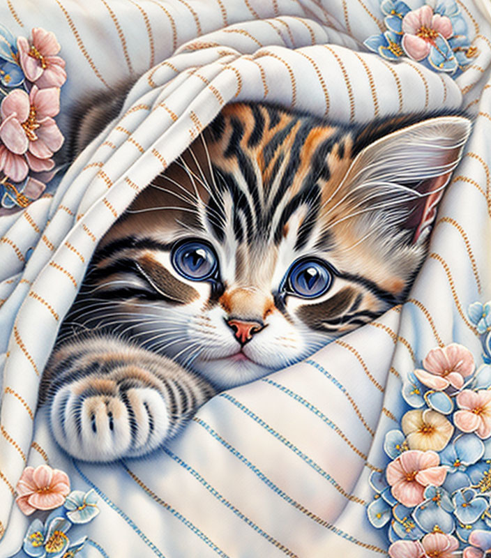 Tabby kitten with blue eyes on white blanket with blue stripes