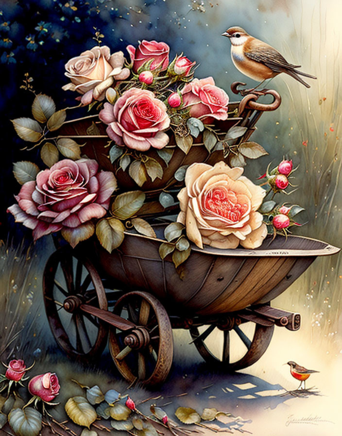 Ornate wooden wheelbarrow with pink roses and birds at night