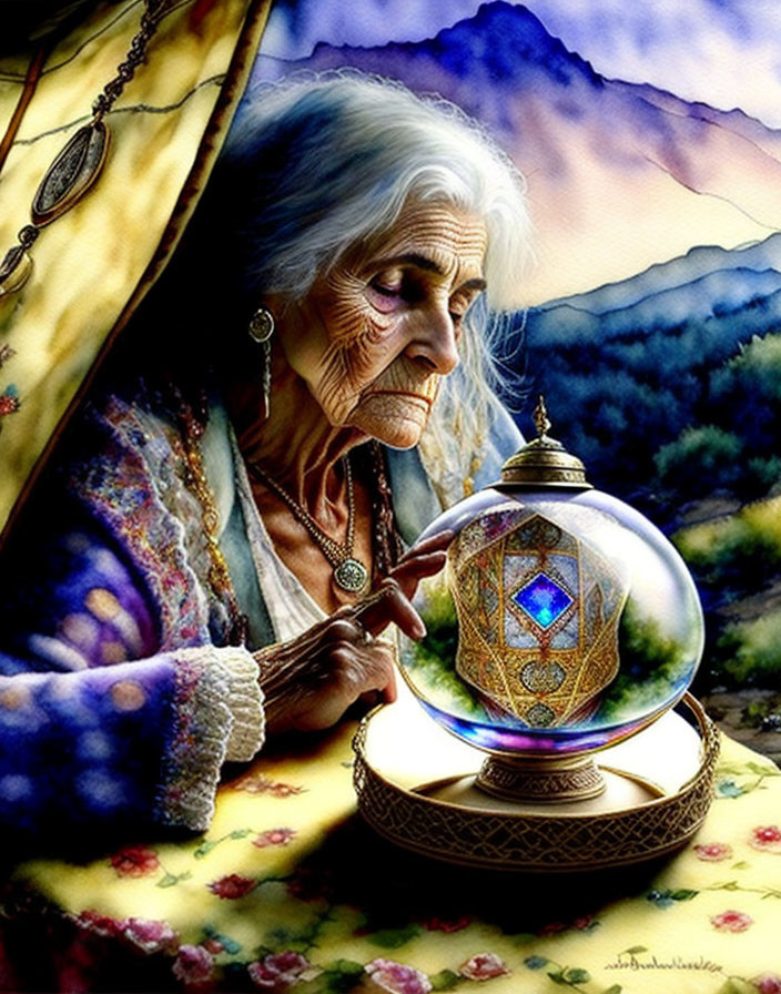 Elderly woman with white hair touching glowing orb in front of mountains