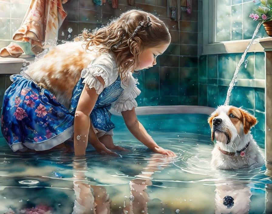 Young girl in blue dress plays in flooded room with small dog watching attentively