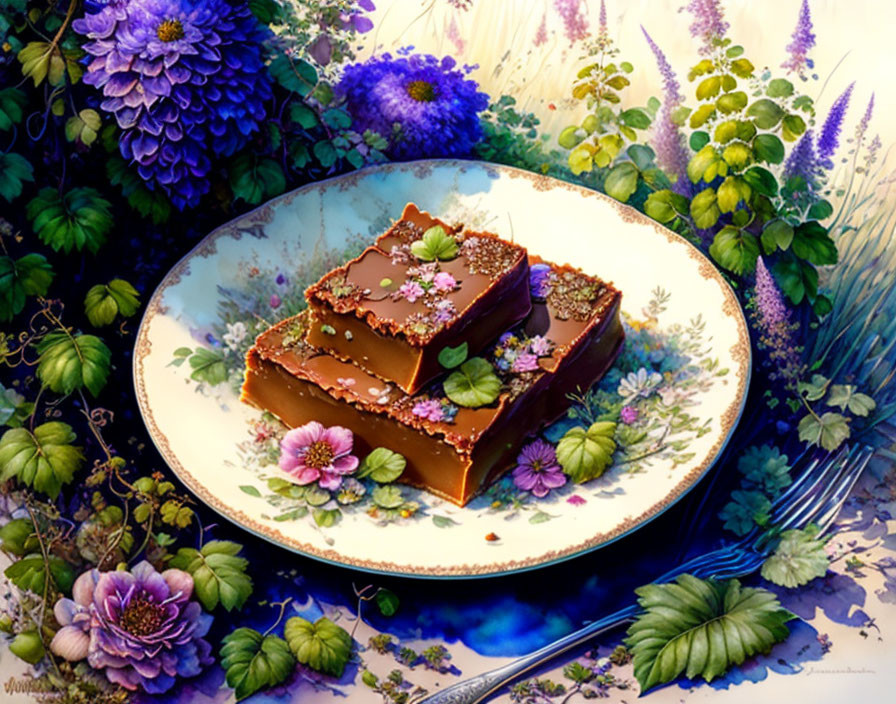 Chocolate cakes on floral plate with purple flowers and greenery.