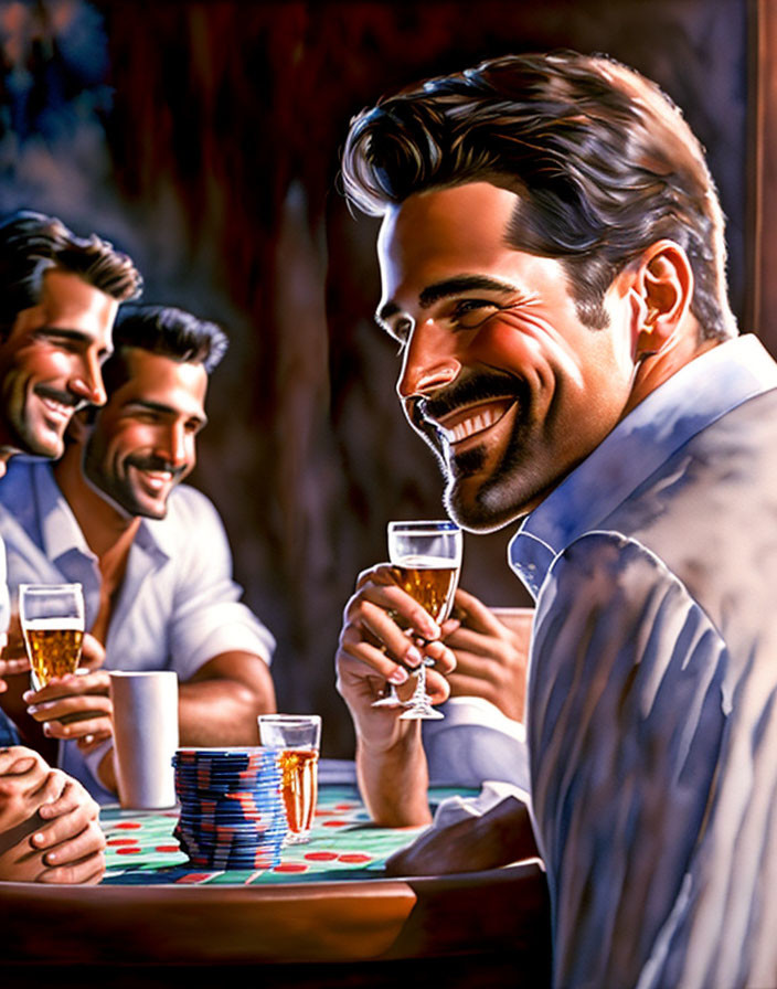 Three men enjoying drinks in a friendly poker game setting.