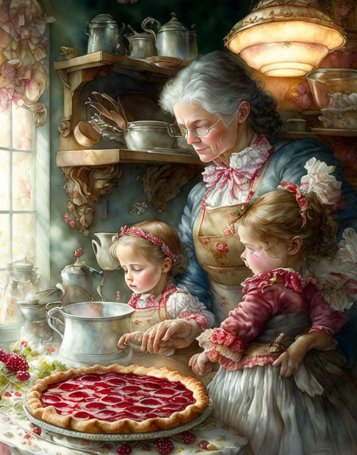 Elderly woman in floral apron smiles at two girls with pie on kitchen counter