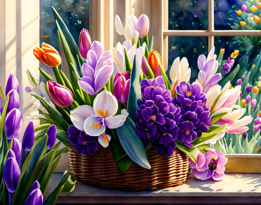 Colorful painting of basket with purple and white flowers by window and starry night sky