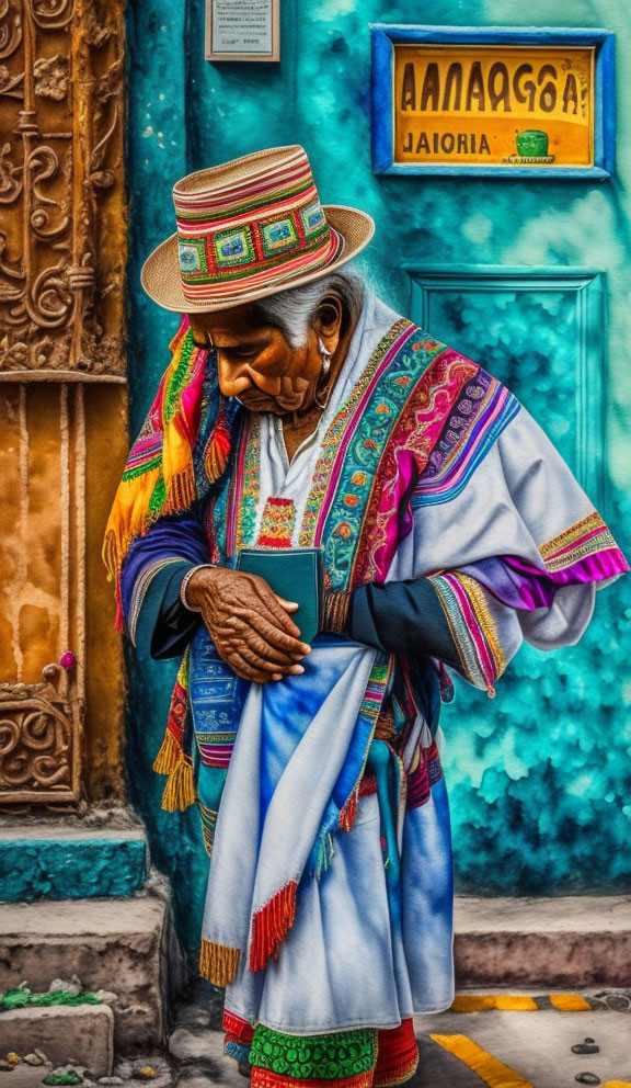 Elderly person in Andean attire with small object against vibrant backdrop