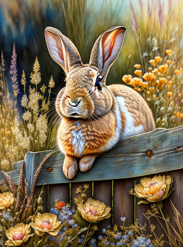 Tranquil rabbit on wooden fence in lush meadow