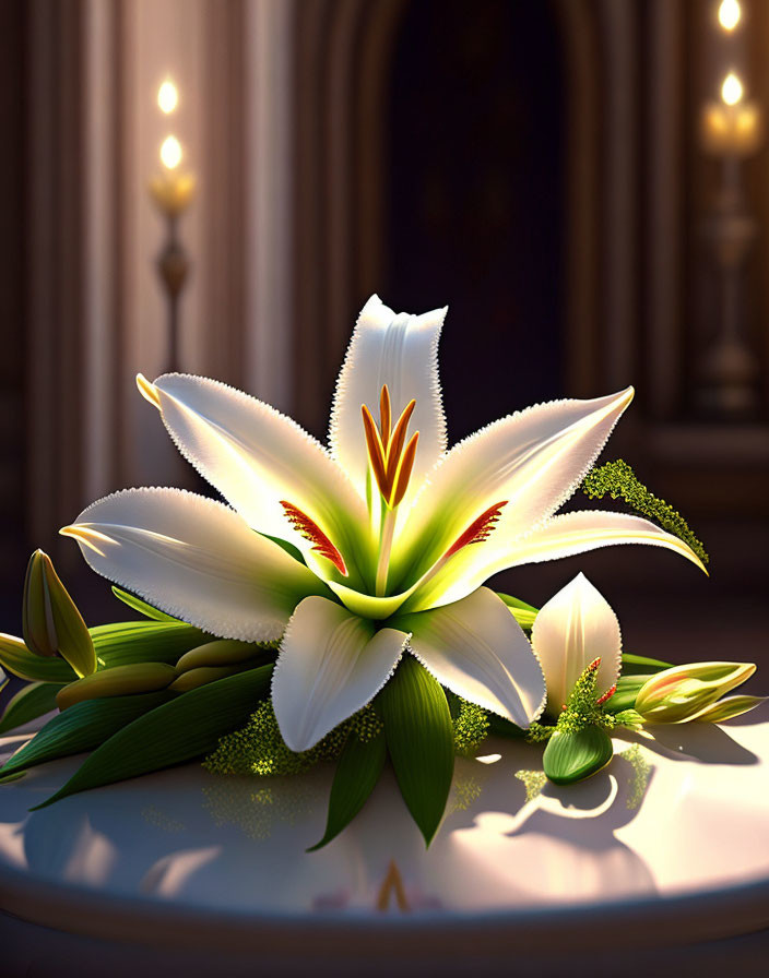 Detailed digital illustration of white lily in elegant room