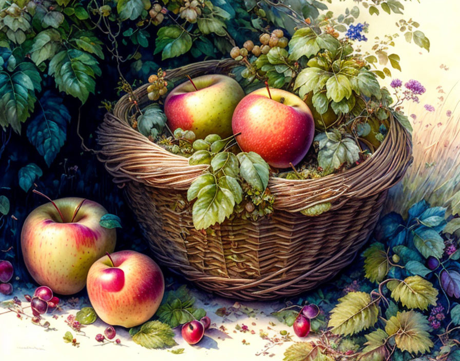 Woven basket with ripe apples, green grapes, foliage, and berries