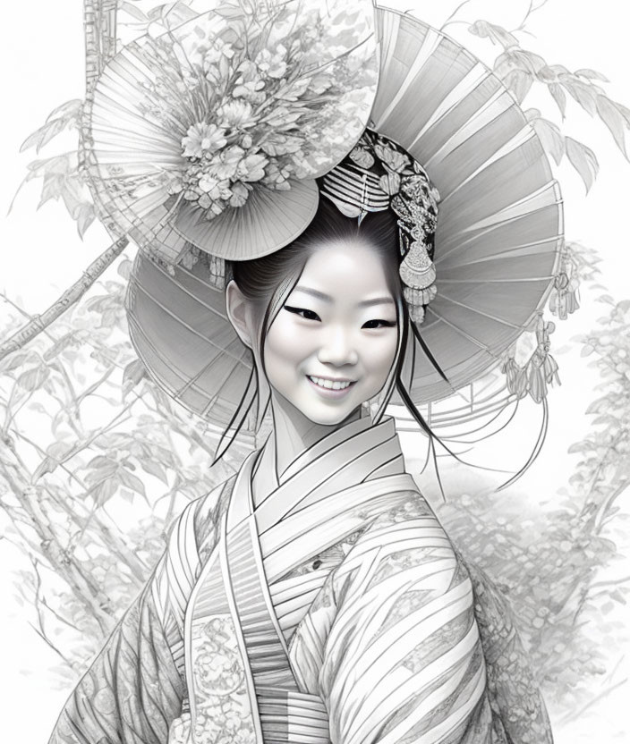 Monochrome illustration of a smiling woman in traditional Japanese attire