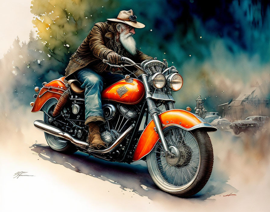 Elderly Bearded Biker on Red and Black Motorcycle in Winter Scene