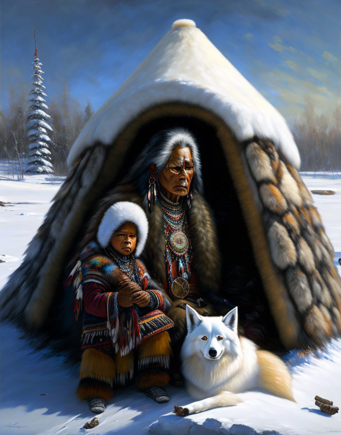 Elder and child by tepee in snowy landscape with white dog