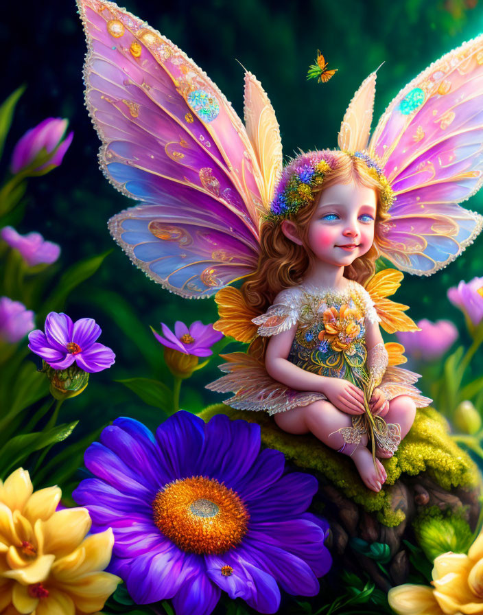 Colorful Fairy with Wings Smiling Among Flowers