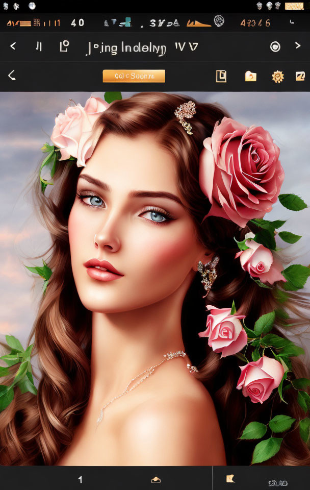 Illustration of woman with blue eyes, roses in hair, sparkling jewelry