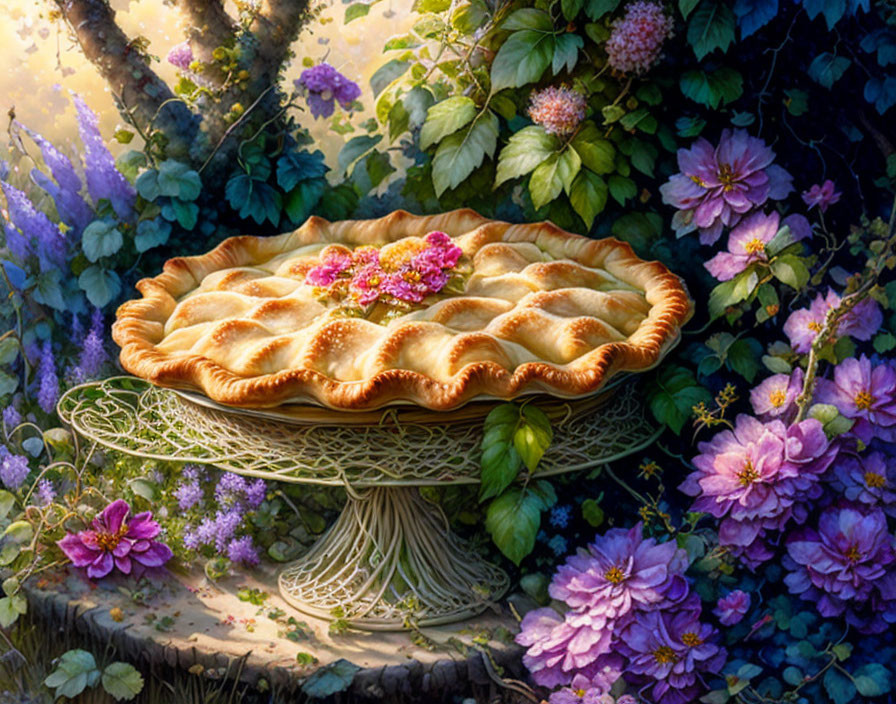 Freshly-baked pie on ornate stand with purple flowers in garden setting