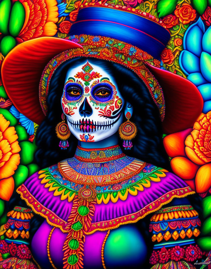 Colorful Day of the Dead Artwork Featuring Female Figure in Traditional Outfit