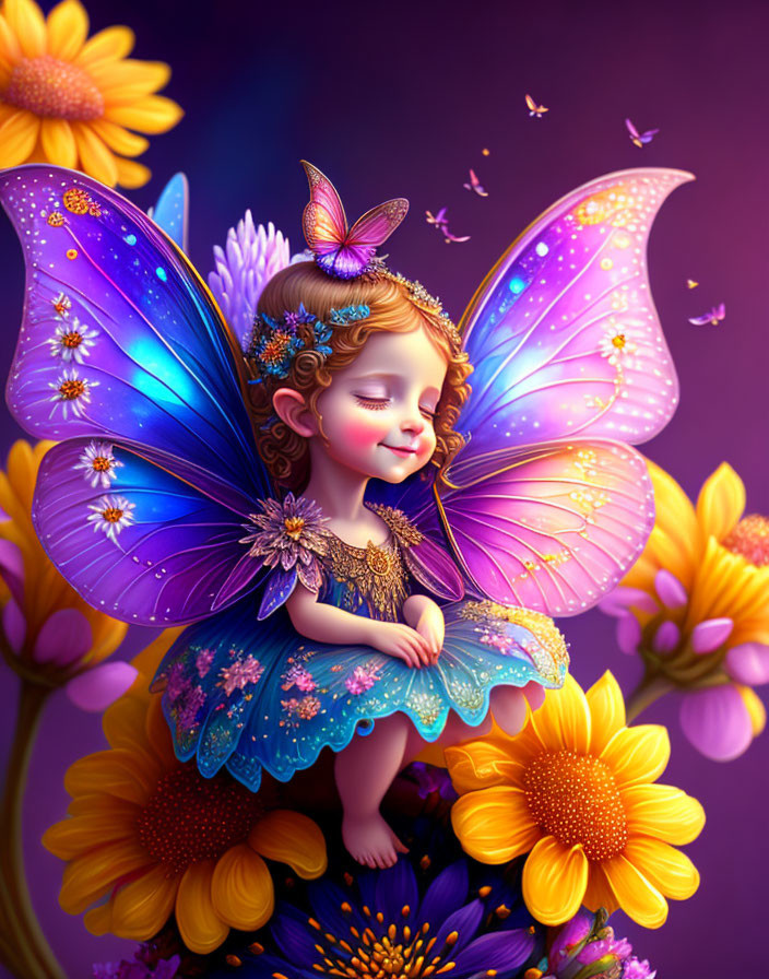 Childlike fairy with purple wings on orange flowers in whimsical illustration