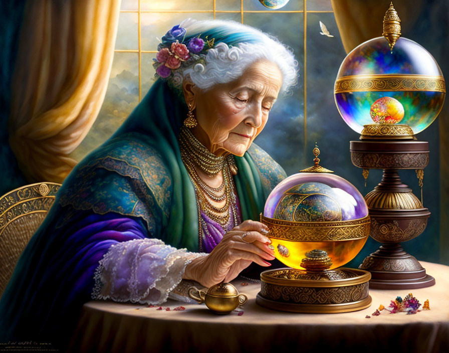 Elderly woman with floral headpiece gazes at crystal ball and mystical objects