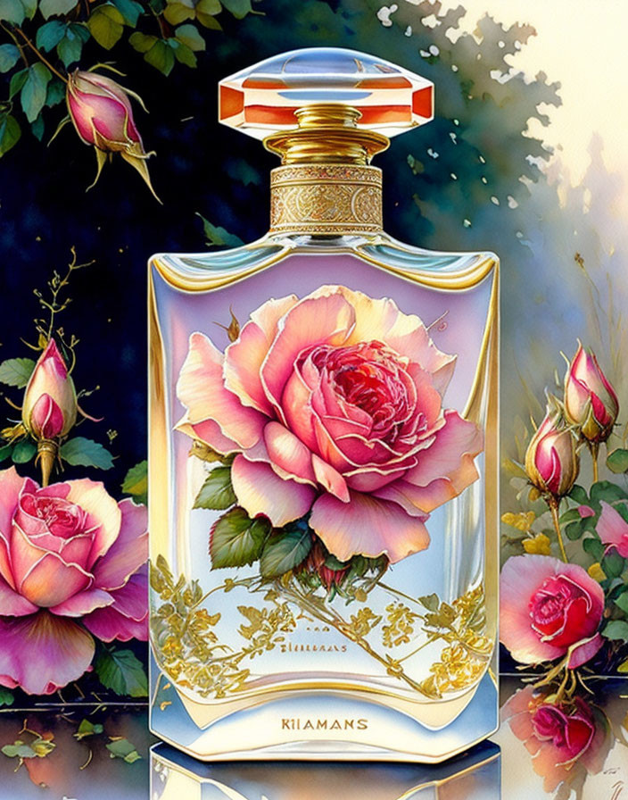 Detailed Pink Rose Design Perfume Bottle Illustration