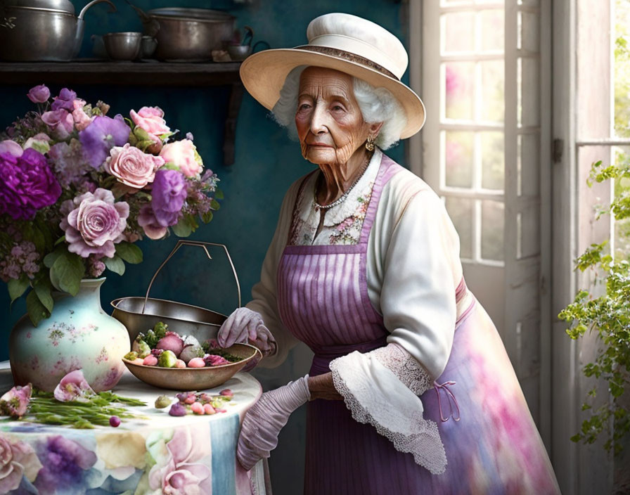 Elderly Woman in Hat and Apron with Flowers and Fruit in Vintage Room