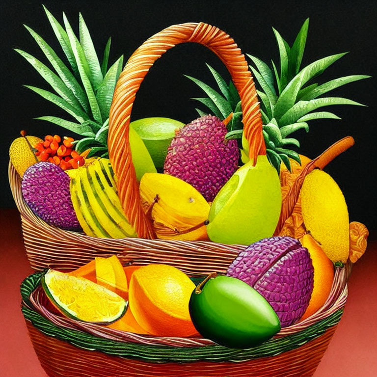 Vibrant Tropical Fruits in Colorful Wicker Basket